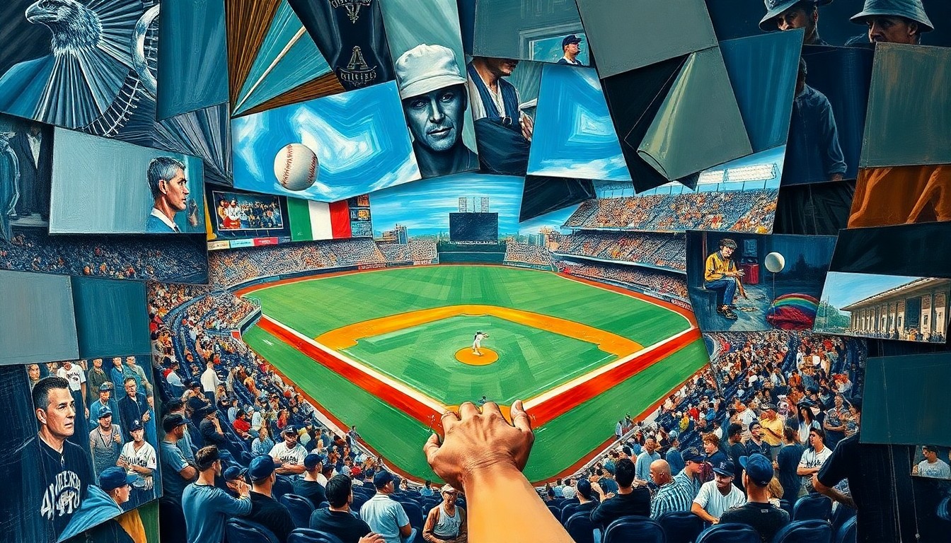 A cubist-style painting depicting a baseball game broken down into overlapping geometric shapes and planes, capturing the dynamic energy and multiple perspectives of the sport.