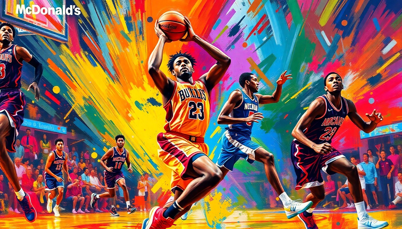 An abstract, expressionist painting featuring dynamic, neon-colored brushstrokes that capture the raw energy and movement of high school basketball players competing in an all-star game.