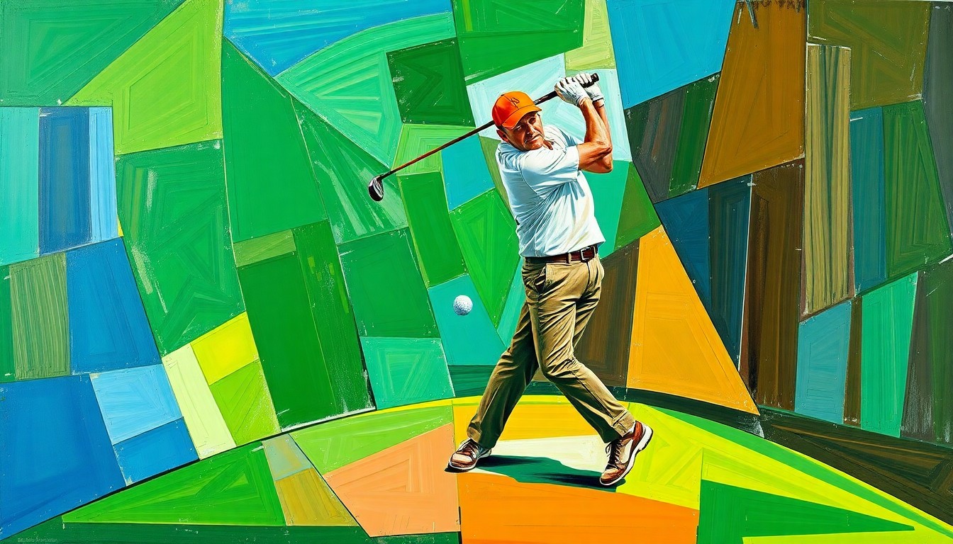 A cubist, geometric painting depicting a fractured, multi-perspective view of a golf swing or match, with sharp, overlapping planes in vibrant shades of green, blue, and brown, conceptually representing the complex legal challenges facing Tiger Woods.