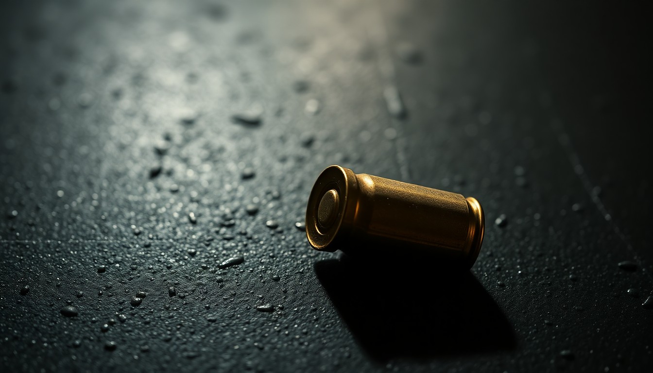 An extreme close-up photograph of a single spent bullet casing on a dark, textured surface, lit by a harsh, direct camera flash, conceptually representing the aftermath of a violent crime.
