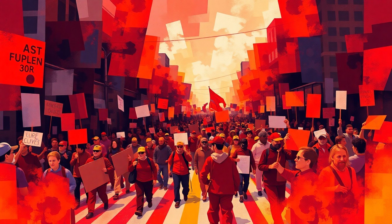 A vibrant, abstract painting depicting a crowd of protesters marching with signs and banners, the scene fractured into overlapping geometric shapes and waves of color.