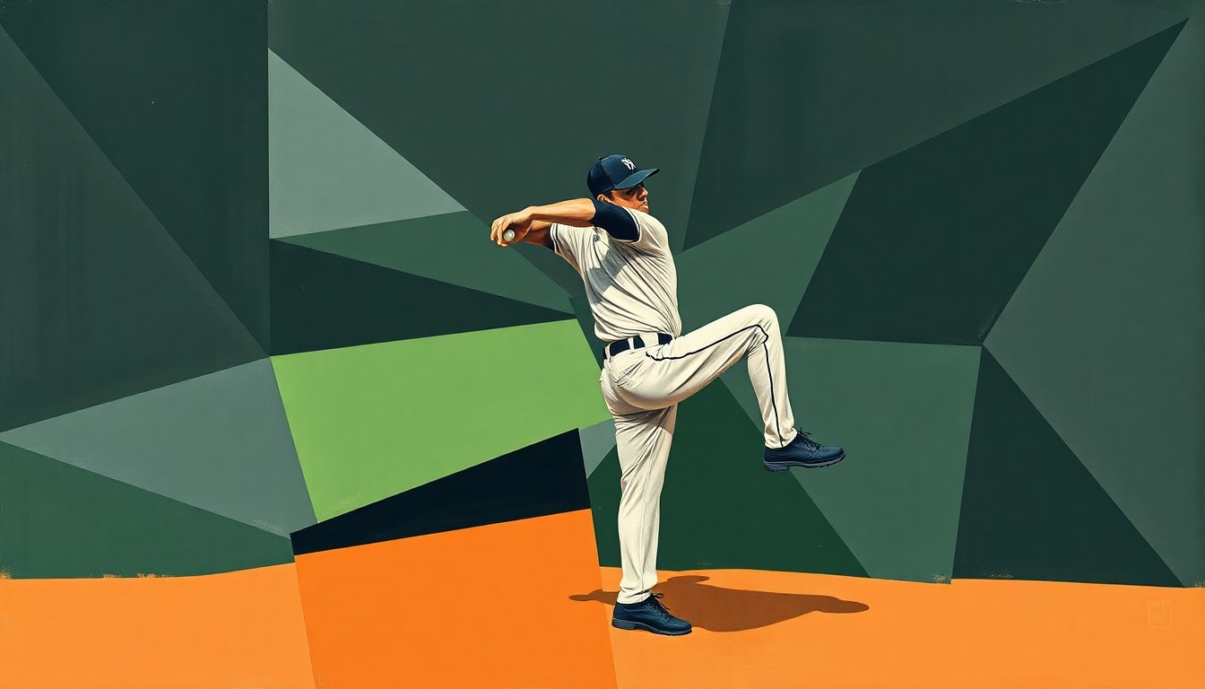 A fragmented, geometric painting in muted tones depicts a baseball pitcher's windup and delivery, breaking down the motion into sharp, overlapping planes to conceptually represent the strategic battle between the two teams.