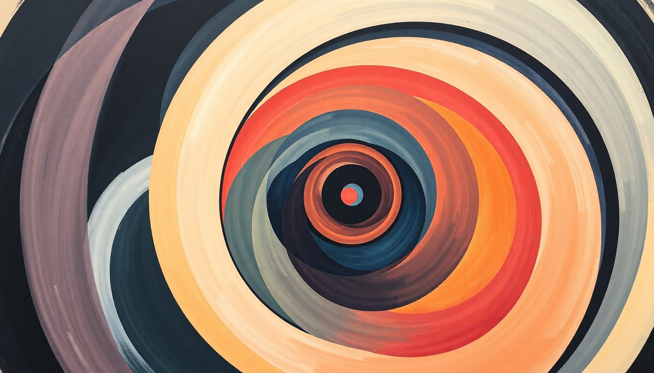 A highly structured abstract painting in soft, flat colors depicting sweeping geometric arcs, concentric circles, and precise botanical spirals, conceptually representing the complex scientific forces behind adaptive amplification in NGS library preparation.