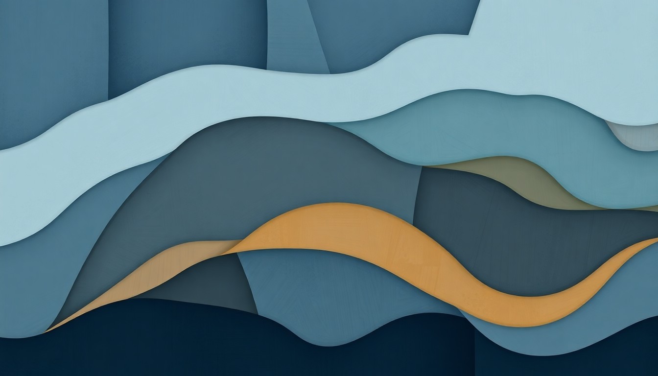 A fractured, geometric painting with overlapping waves of muted blue, grey, and brown hues, conceptually representing the shifting patterns of population growth and decline across the United States.