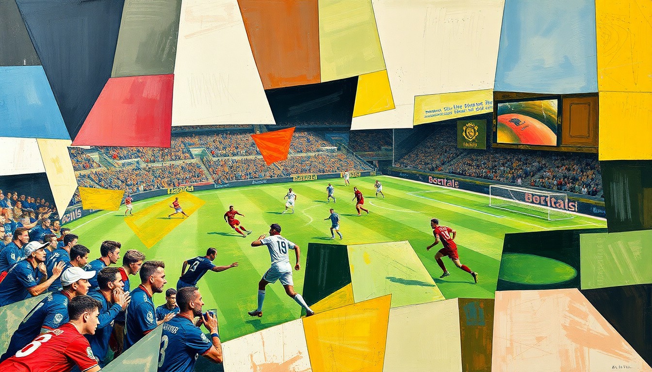 A cubist, geometric painting depicting a fragmented, multi-angled view of a football player in motion, conceptually representing the diverse talent emerging from the English Championship.