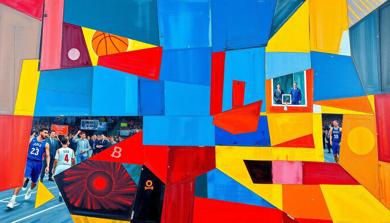 A fragmented, geometric painting in bold colors depicting the action and intensity of a basketball game, representing the career achievements of coach Quin Snyder.