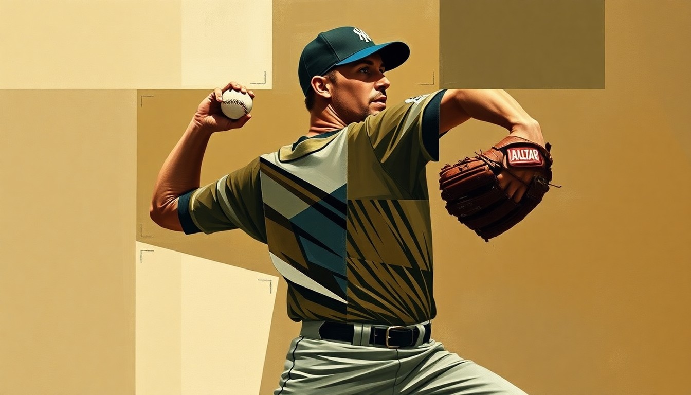 A fragmented, geometric painting depicting a baseball pitcher's delivery from multiple angles, using muted earth tones to convey the struggle and tension of the moment.