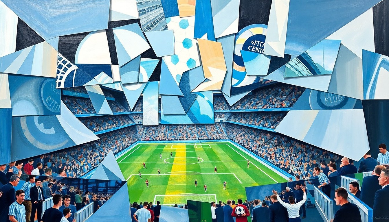 A fragmented, cubist-style painting depicting a Manchester City soccer match, with players and the field broken down into sharp, overlapping geometric shapes and planes in shades of blue and white.