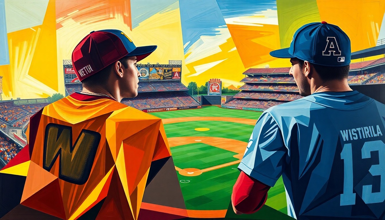A cubist-style painting featuring overlapping geometric shapes and planes in the colors of the West Virginia and Arizona State baseball uniforms, capturing the dynamic action and energy of the game.
