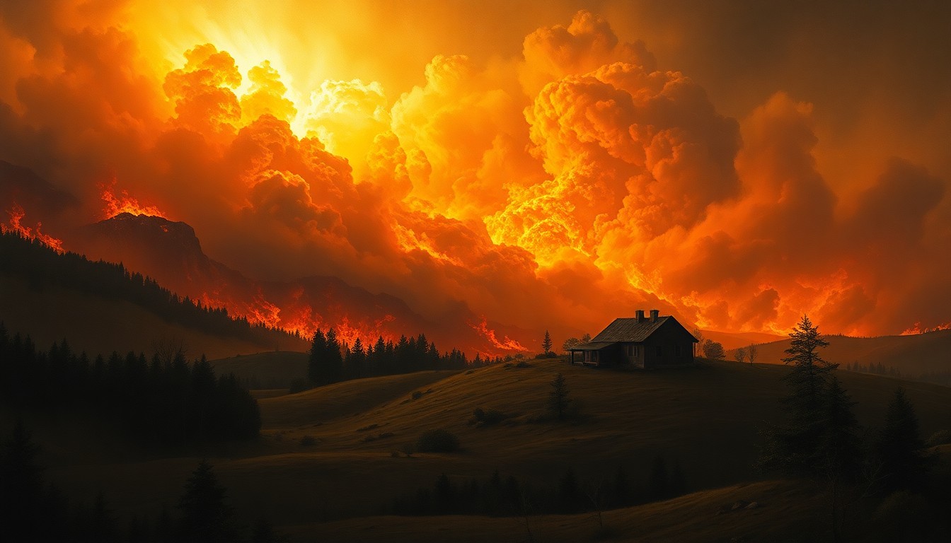 A dramatic landscape painting in the style of Caspar David Friedrich, depicting a small rural home engulfed in a massive, swirling wildfire, with the overwhelming scale of the natural disaster dwarfing the physical structure.