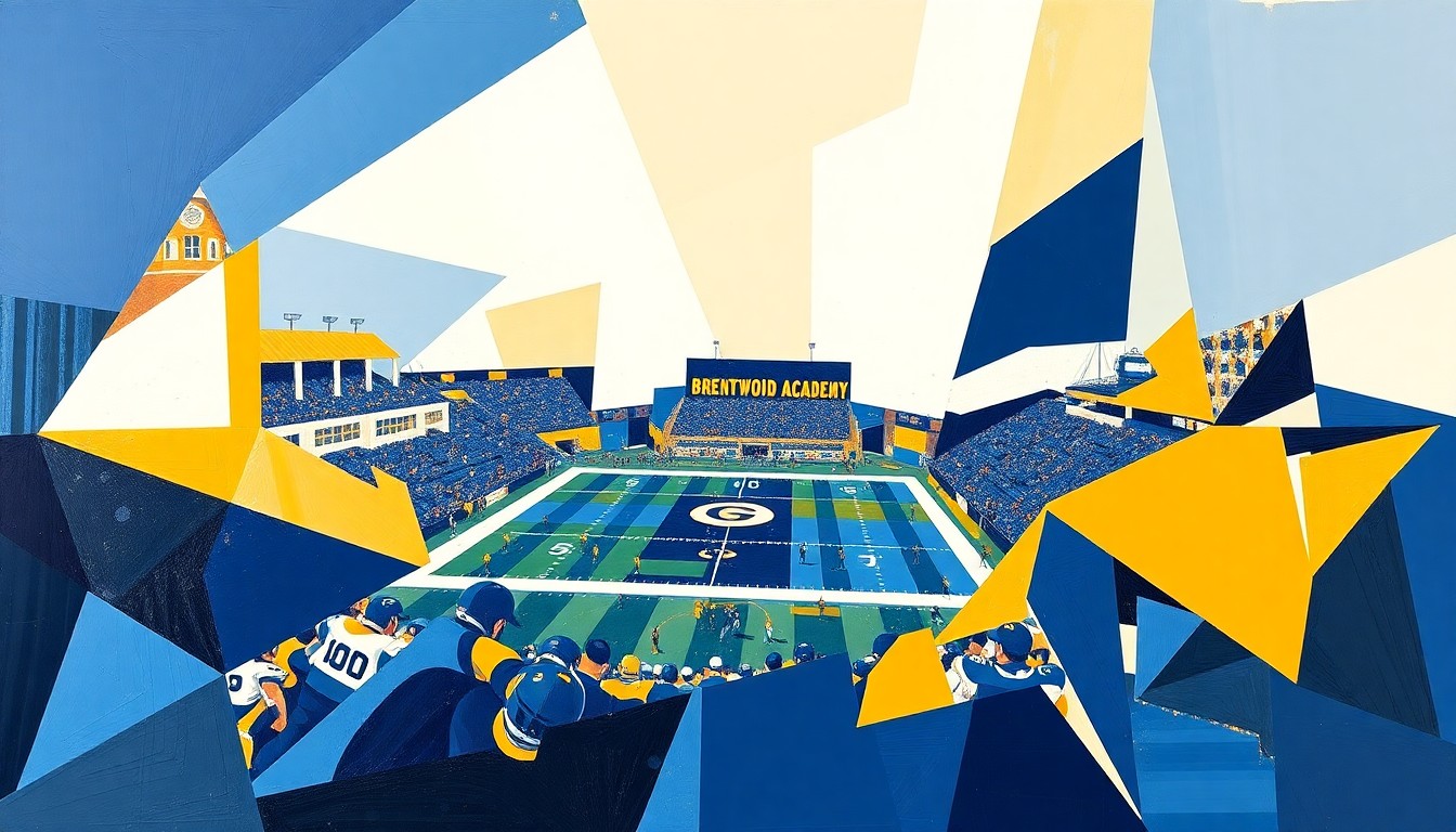 A cubist-style painting depicting a high school football game, with the players and field broken down into sharp, geometric shapes in the colors of the Brentwood Academy Eagles.