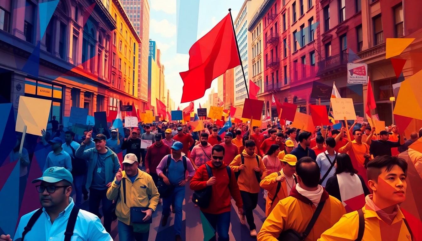 A dynamic, abstract painting featuring overlapping geometric shapes and waves of bright colors, representing the energy and movement of a large protest march through a city street.