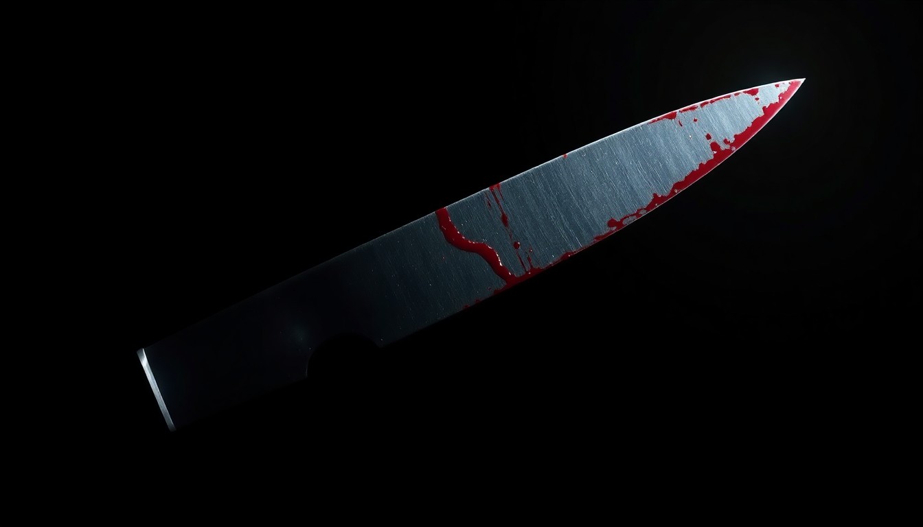 An extreme close-up of a single bloodied knife blade, capturing the stark, gritty, and investigative nature of the crime scene.