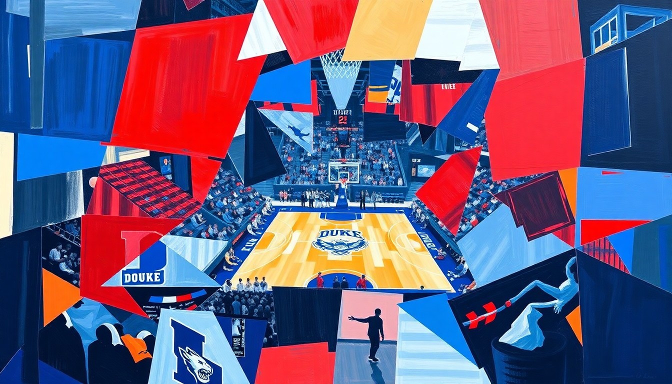 A fragmented, cubist-style painting depicting the dynamic action of a college basketball game, with sharp geometric shapes in shades of blue, red, and white representing the players, court, and crowd.