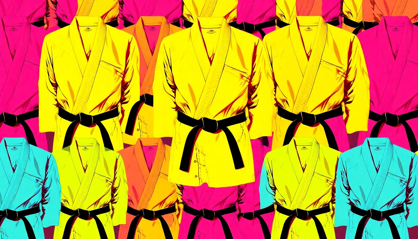 A brightly colored, high-contrast silkscreen print of a single, iconic martial arts uniform (such as a gi or belt) repeated in a tight grid pattern, capturing the inclusive and celebratory spirit of the Nam Yang martial arts club.