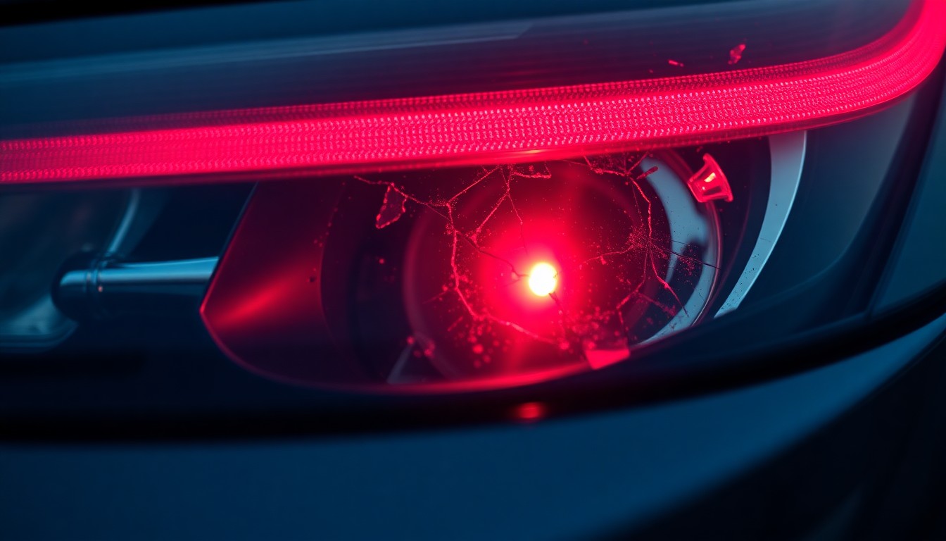 An extreme close-up of a shattered car sensor lens reflecting a faint red light, conceptually illustrating the vandalism of self-driving cars.