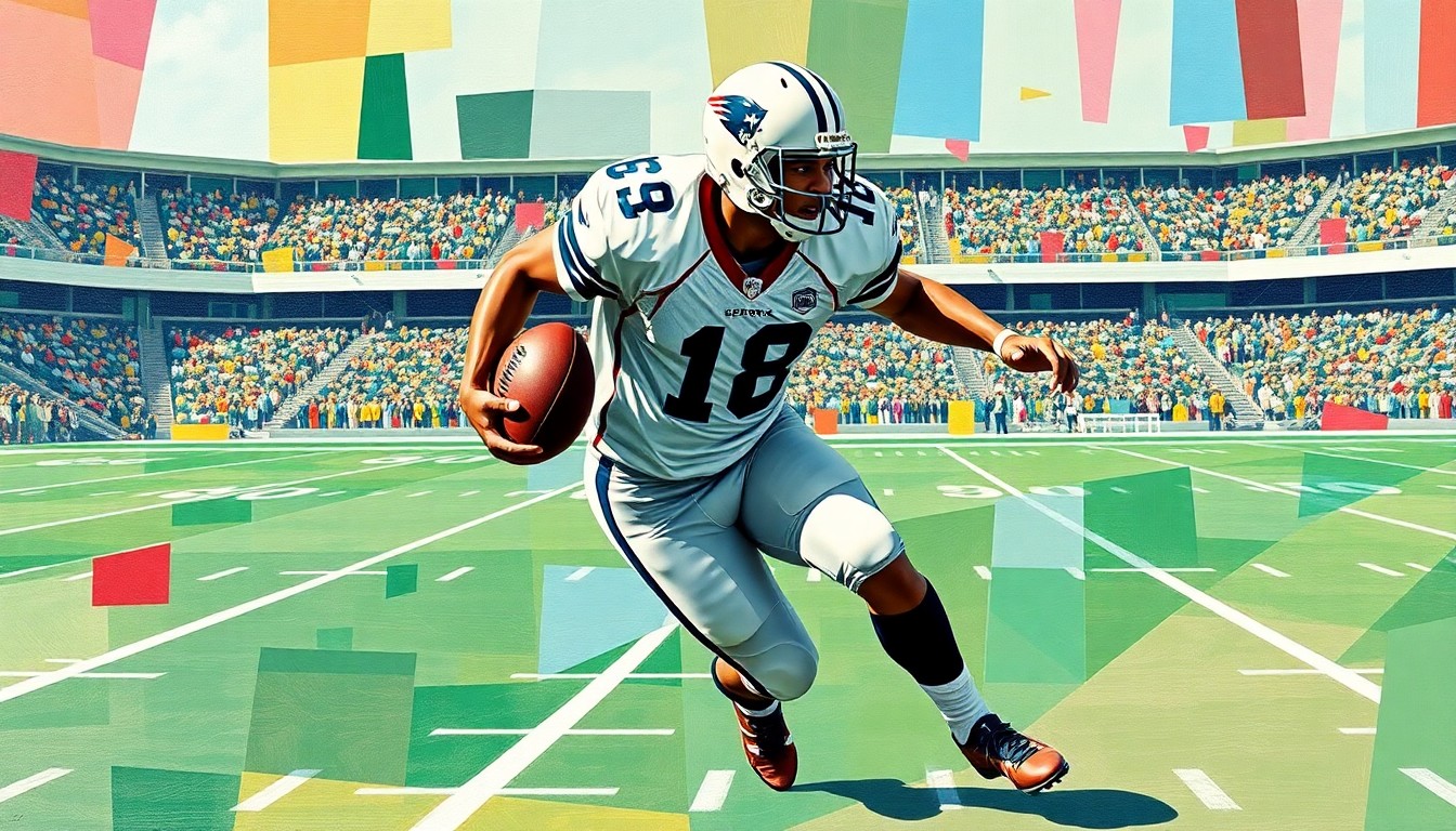 A fractured, geometric painting depicting a football player in mid-motion, with their jersey and equipment reduced to abstract shapes and colors, set against a kaleidoscopic background of field lines and stadium seating.
