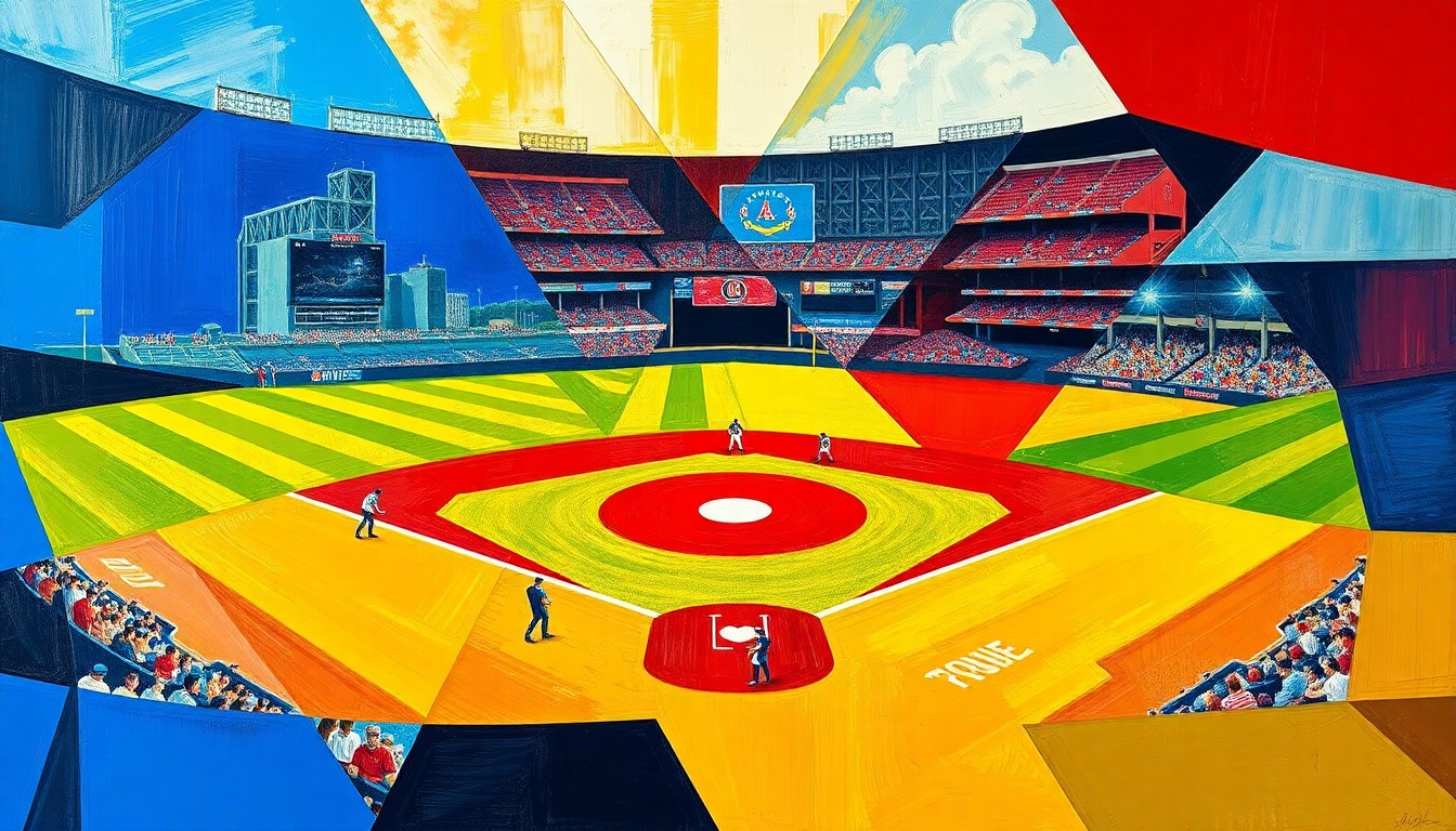 A cubist, geometric painting depicting a fractured, multi-angled view of a baseball game, with sharp planes of vibrant colors like blue, red, and yellow, conceptually representing the complex labor negotiations ahead for MLB.