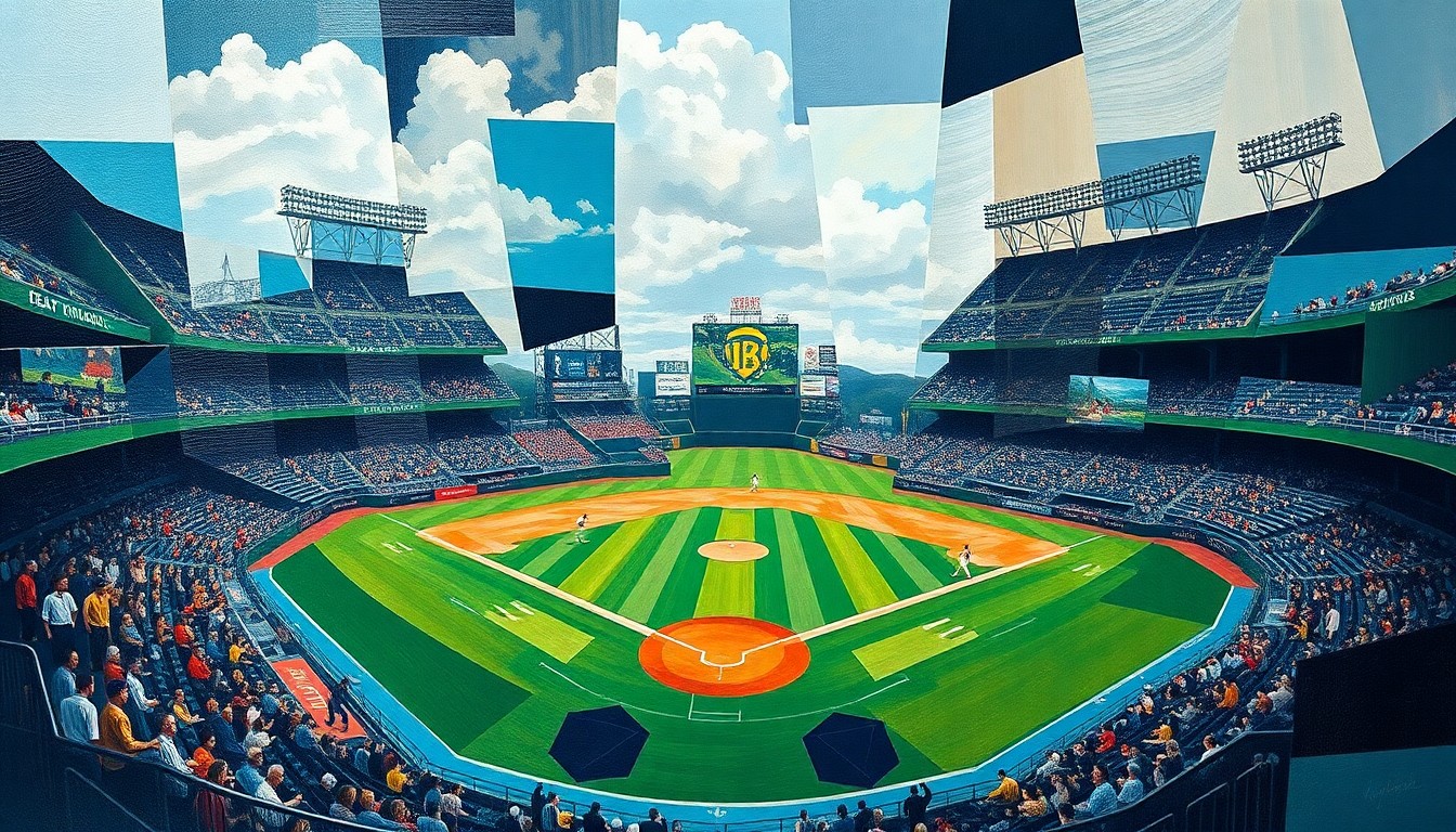 A fractured, multi-perspective painting breaking down a baseball game into sharp, overlapping geometric planes of color, creating an abstract, cubist representation of the sport.