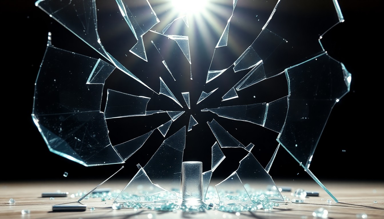 An extreme macro photograph of shattered glass reflecting bright studio lighting, creating an abstract, high-contrast image that evokes the tension and awkwardness of a celebrity TV moment.