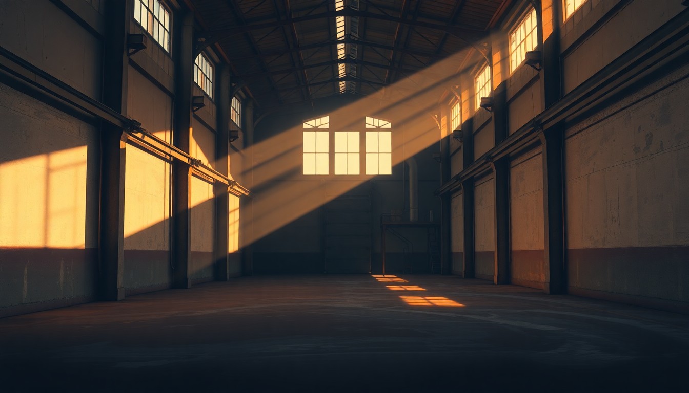 A photorealistic painting of an empty industrial warehouse with large windows and loading docks, the building bathed in warm, golden light and deep shadows, conveying a sense of isolation and unease.