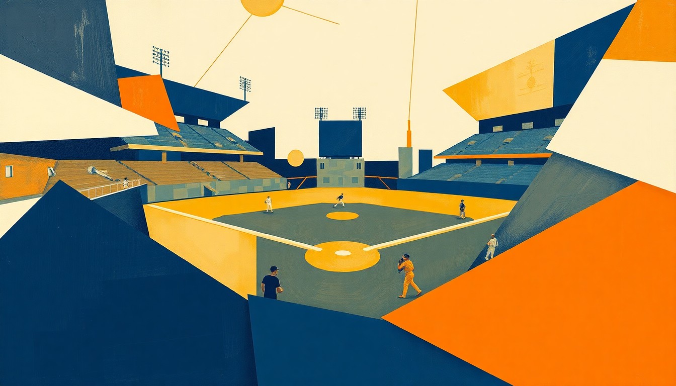 A cubist-style painting depicting a fragmented, geometric interpretation of a softball game, with sharp planes of navy, orange, and white intersecting to create a dynamic, abstract composition.