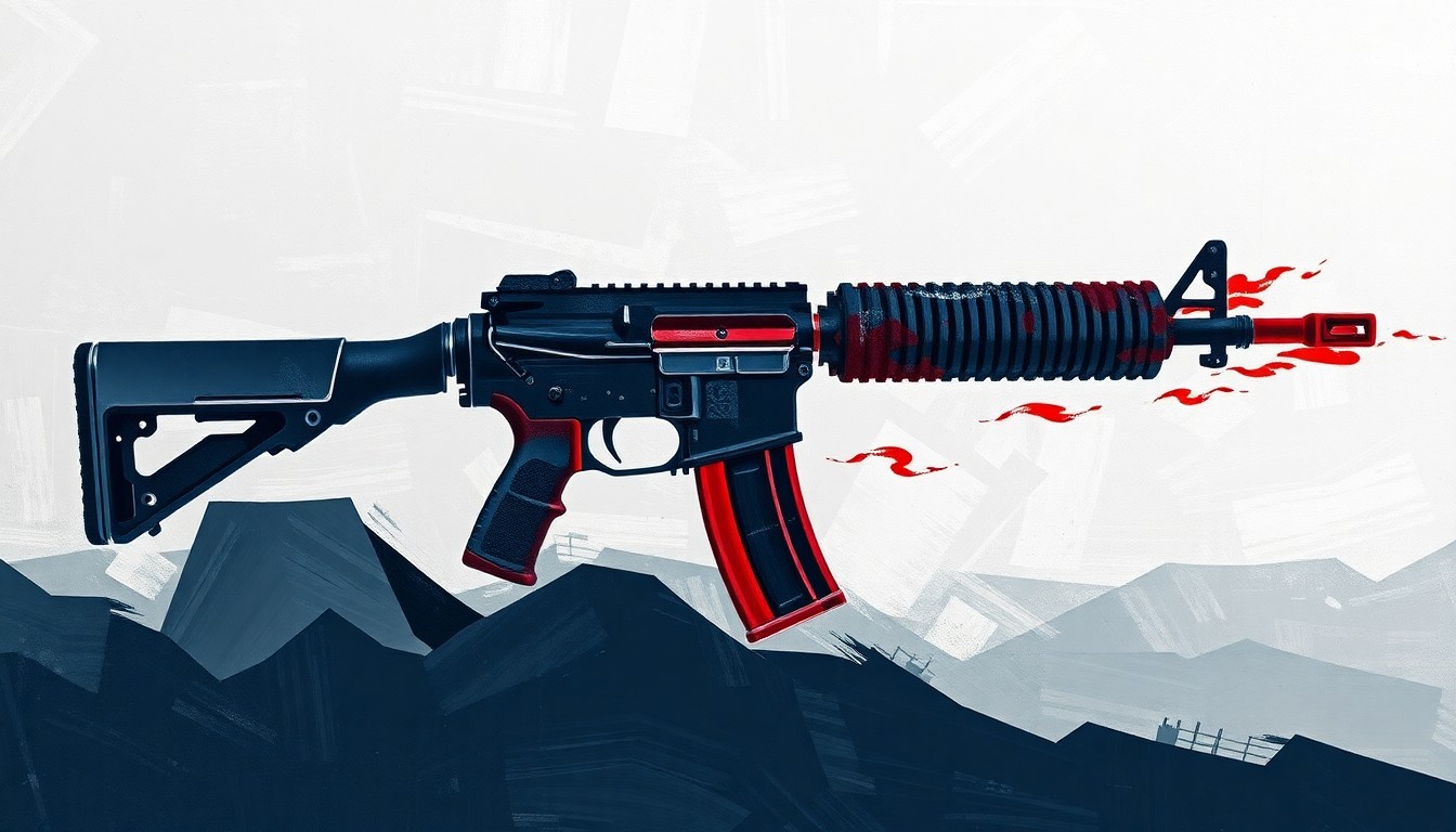 A dynamic, fragmented painting of a semi-automatic rifle in shades of grey, blue, and red, conveying the political tension and sense of motion around the issue of U.S. gun exports.