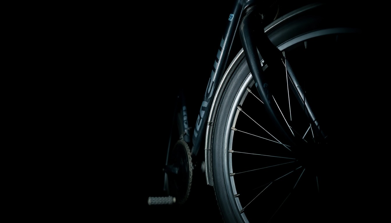 An extreme close-up photograph of a damaged bicycle frame and wheel, capturing the stark, gritty aftermath of a car crash into a local business.