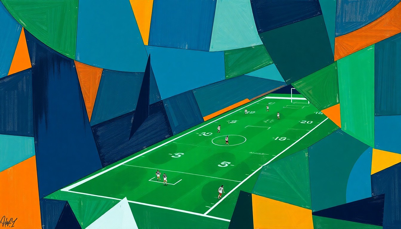 A fractured, geometric painting in navy, green, and orange tones, depicting a football game deconstructed into sharp, overlapping planes, representing the complex and multi-faceted nature of the allegations against the player.