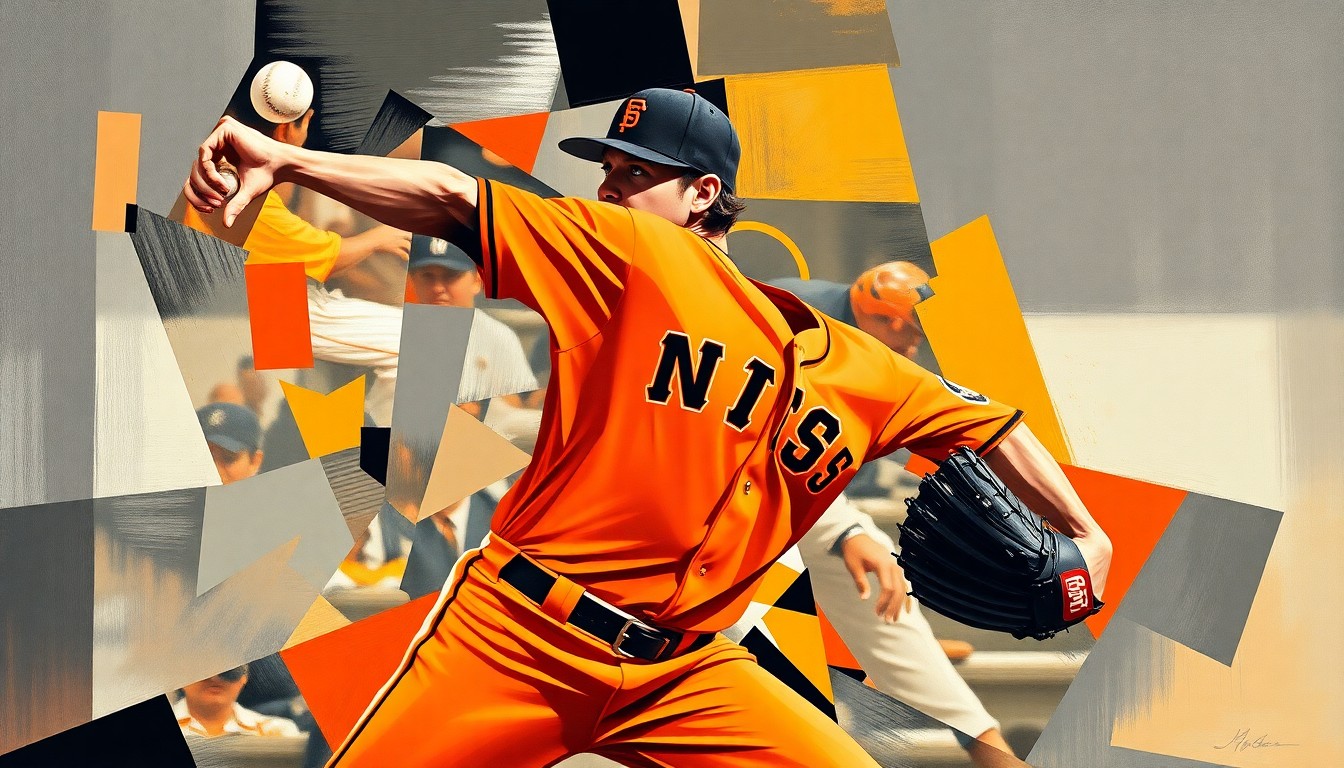 A cubist, geometric painting depicting a baseball pitcher's motion broken down into overlapping angular shapes in shades of orange and black.