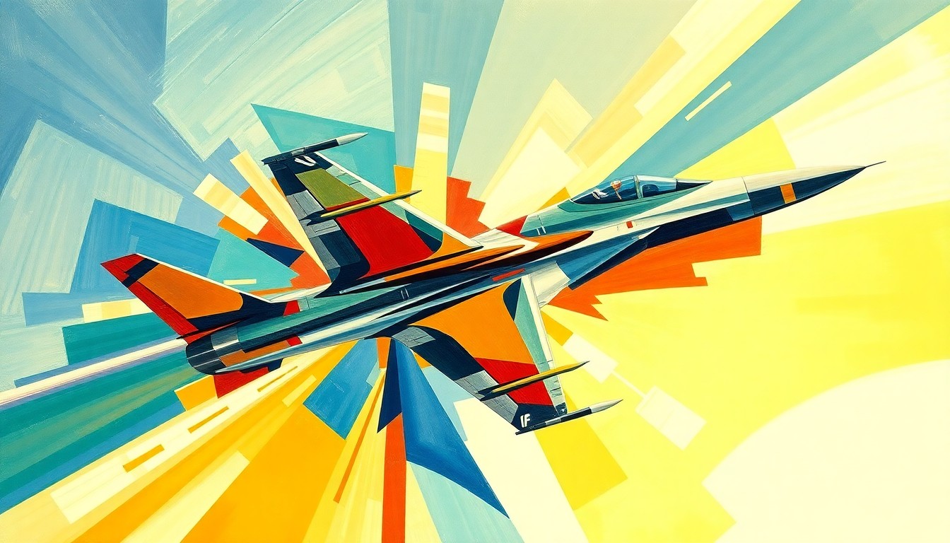 An abstract, fragmented painting of a fighter jet in flight, with overlapping geometric shapes and waves of bright colors representing the speed and motion of the aircraft.