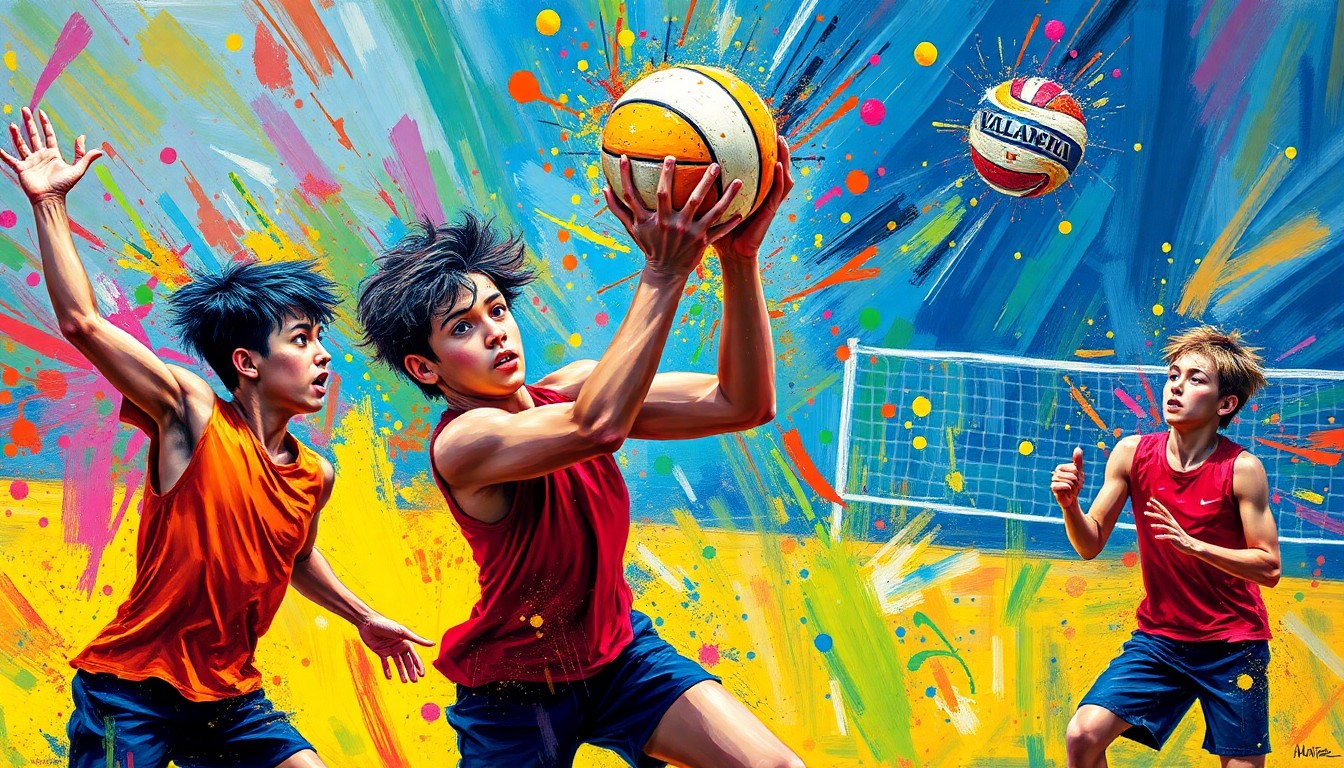 An abstract expressionist painting in vibrant neon colors, with rapid brushstrokes capturing the dynamic movements and energy of a boys volleyball match.