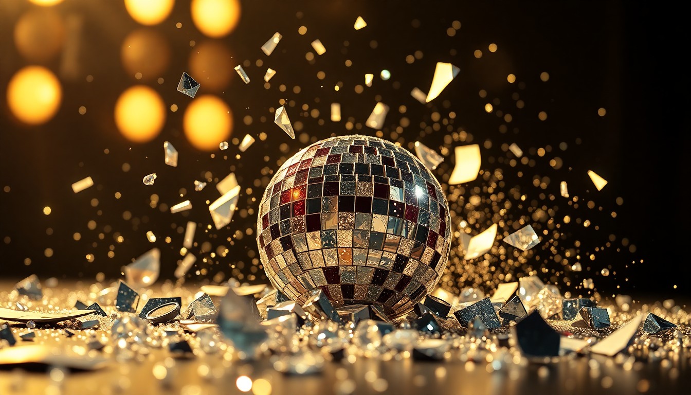 An abstract close-up photograph of shattered, reflective disco ball fragments in dramatic studio lighting, conveying the glamour and drama of celebrity relationships.