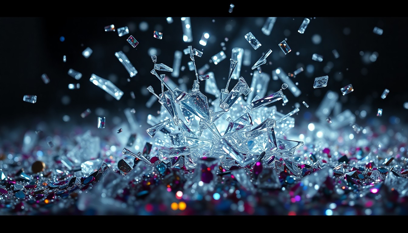 An extreme, abstract close-up photograph of shattered glass and glittering sequins, using dramatic high-contrast studio lighting to create a glamorous, high-fashion aesthetic that conceptually represents the drama and emotions of a reality TV reunion.