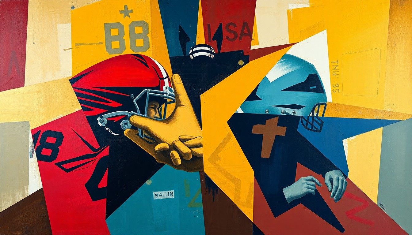 A fractured, cubist-style painting depicting the strategic elements of a football game or team, with sharp geometric planes in vibrant colors like red, gold, and navy blue, conceptually representing the continuity and stability of the 49ers' leadership.