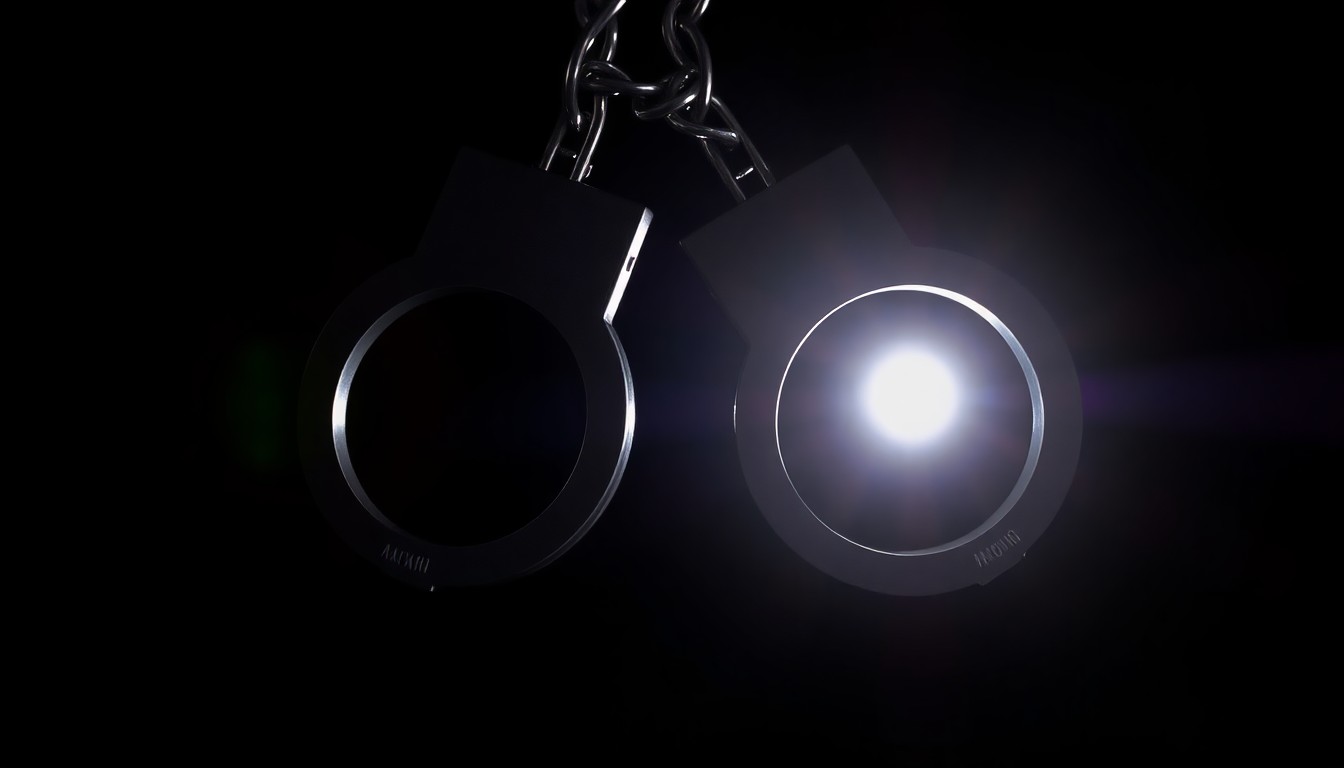 An extreme close-up of a pair of metal handcuffs against a completely black background, the harsh flash illuminating the textured metal surface and creating dramatic shadows, conceptually representing the shadowy nature of the investigation into Epstein's criminal network.