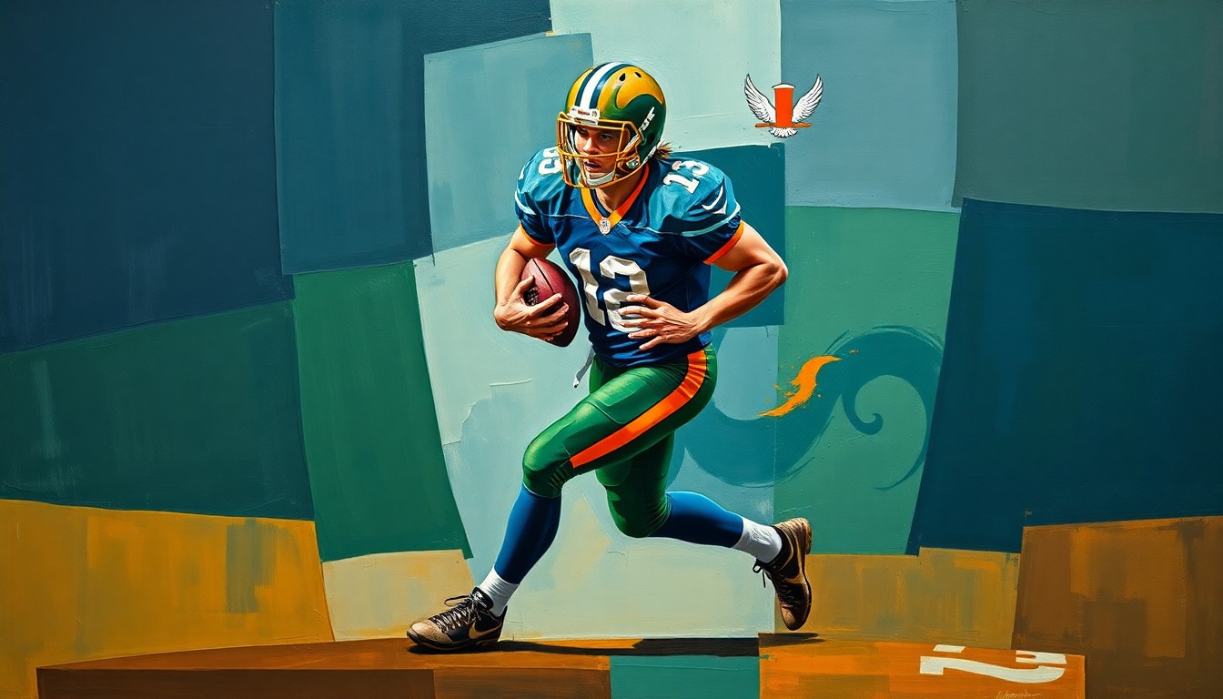 A fragmented, geometric painting depicting a football player in motion, with sharp, overlapping planes of navy, green, and orange, conveying the dynamic nature of the sport and the ambiguity surrounding Jauan Jennings' free agency status.