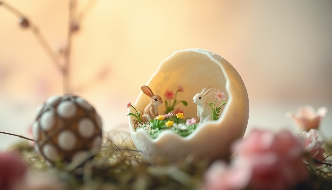 A soft, blurred photograph in pastel tones showing a delicate sugar egg diorama with a miniature scene of Easter bunnies and flowers inside, conveying a sense of nostalgia and wonder.