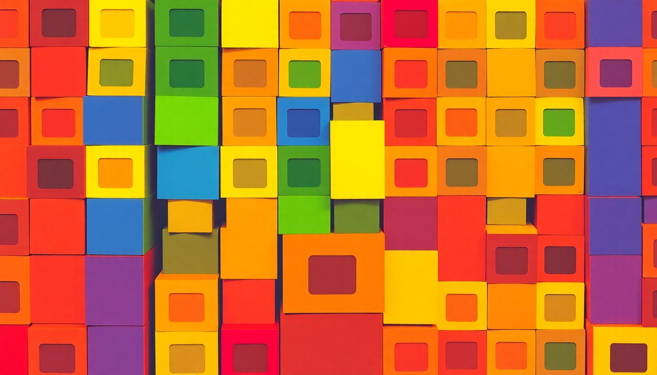 A vibrant, abstract silkscreen print featuring a repeating pattern of colorful children's building blocks, conceptually representing the educational focus of the new Chickasaw Nation facility.