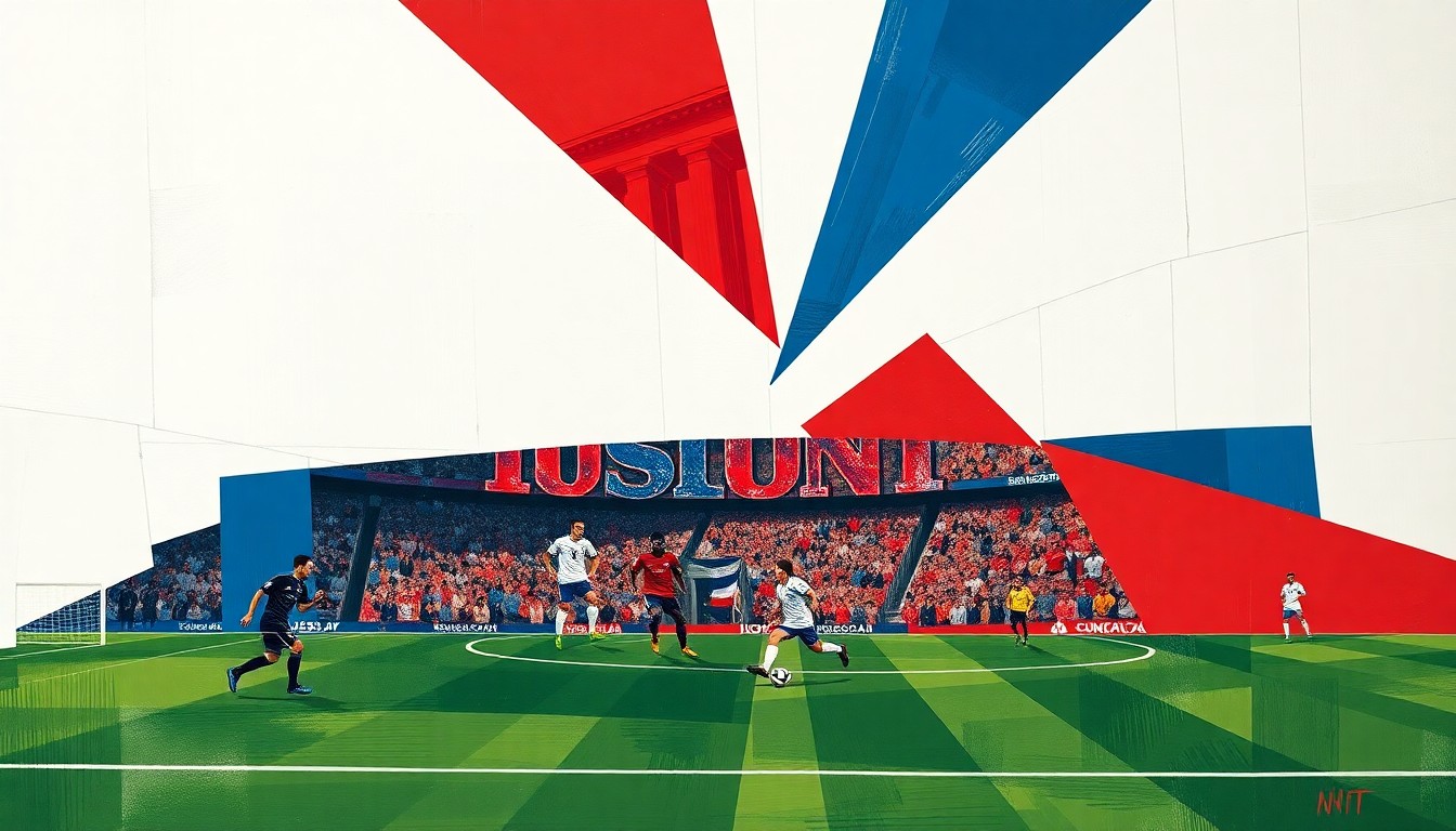 A cubist, geometric painting in red, white, and blue hues, depicting the fractured action of a soccer match with overlapping planes and shapes, representing the challenges the USMNT faces without injured midfielder Johnny Cardoso.