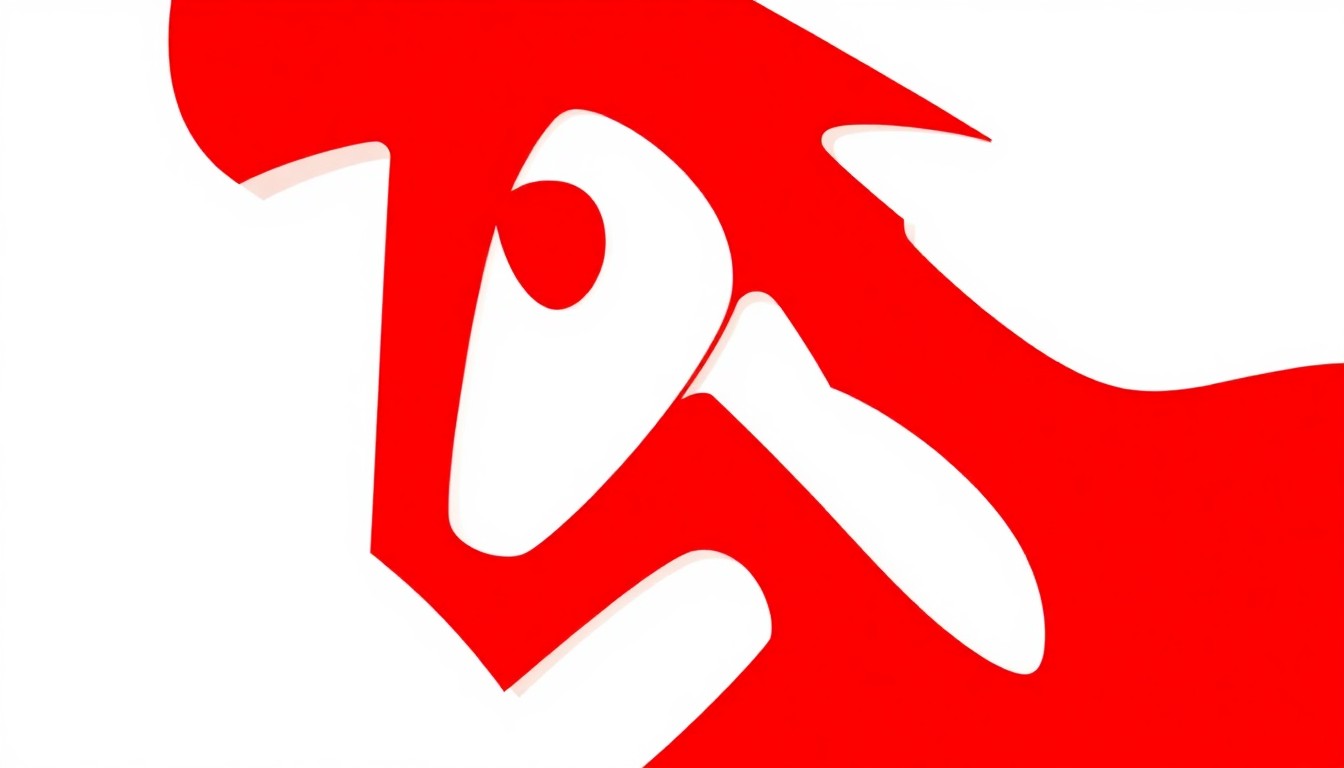 A striking abstract composition featuring bold, jagged shapes in deep red and bright white, conceptually representing the fusion of Siberian and surf rock elements in the music of the Red Elvises band.