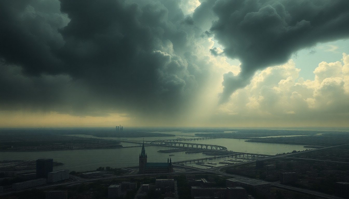 A dramatic, atmospheric landscape painting showing a partially submerged cityscape with only the tops of buildings visible above the rising floodwaters, with a massive, ominous storm cloud filling the sky above, conveying the overwhelming power of nature and the vulnerability of human settlements.