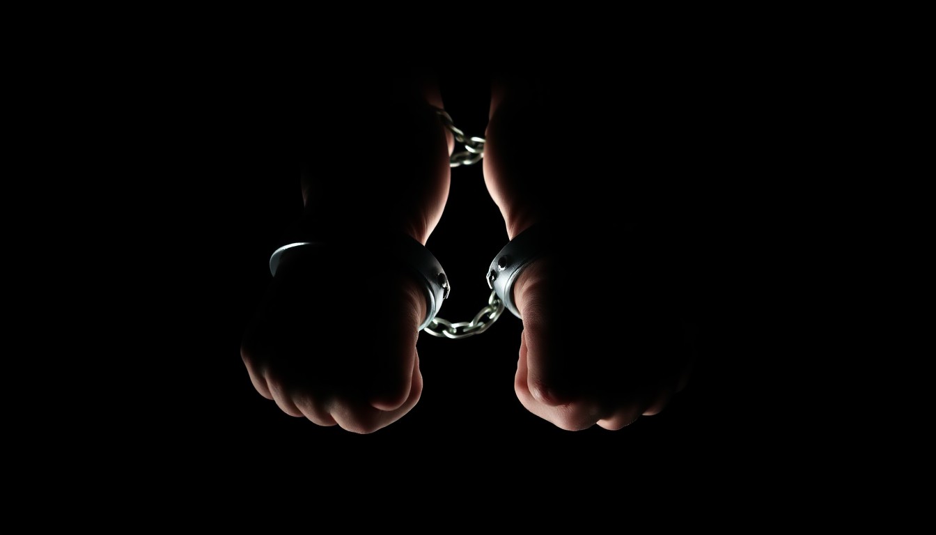 An extreme close-up of a pair of handcuffed wrists against a stark black background, conceptually representing the legal consequences of a high-profile incident.