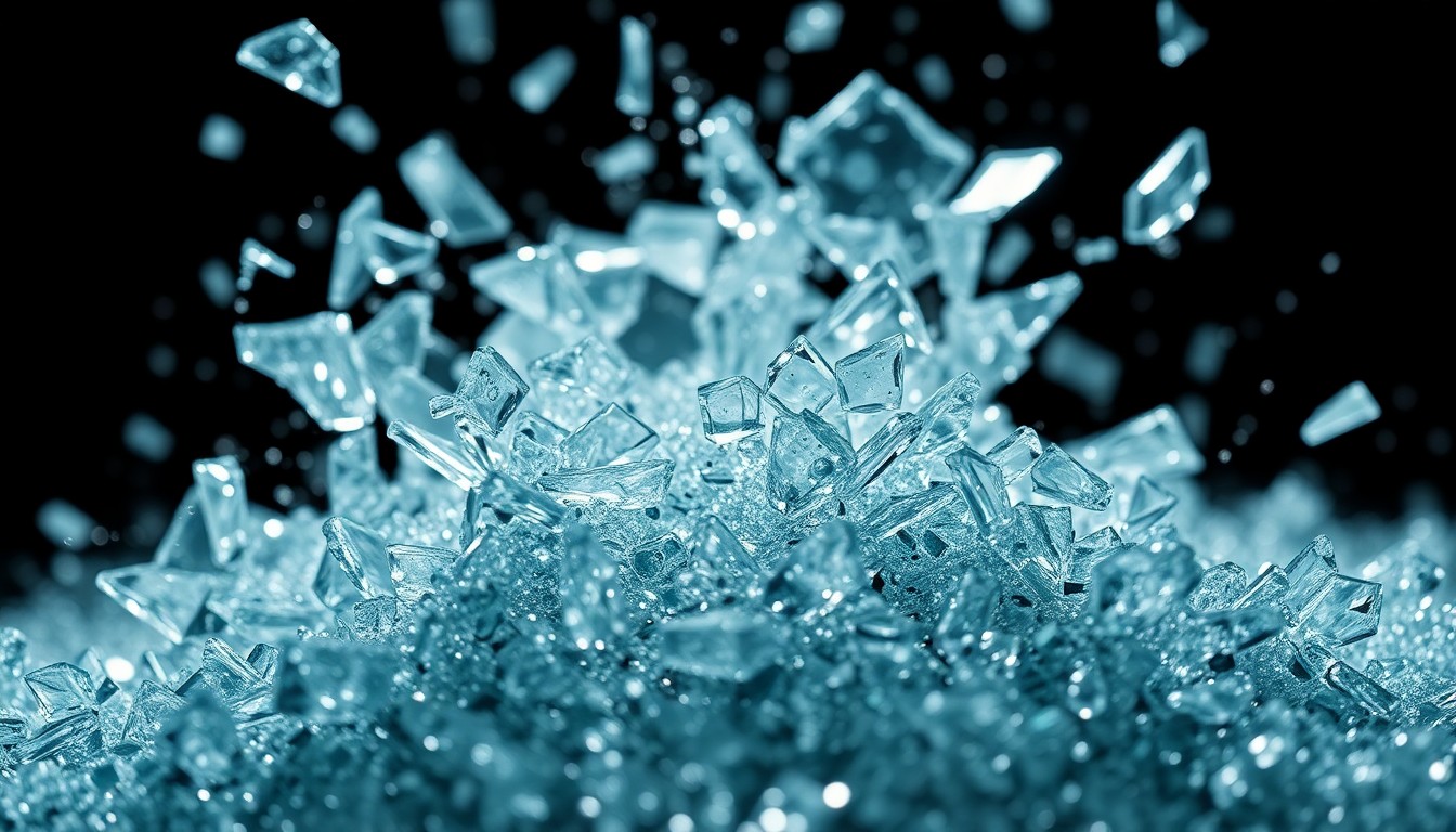 An abstract close-up image featuring shattered glass and glittering sequins in high-contrast studio lighting, conveying the emotional intensity and glamour of the soap opera storyline.