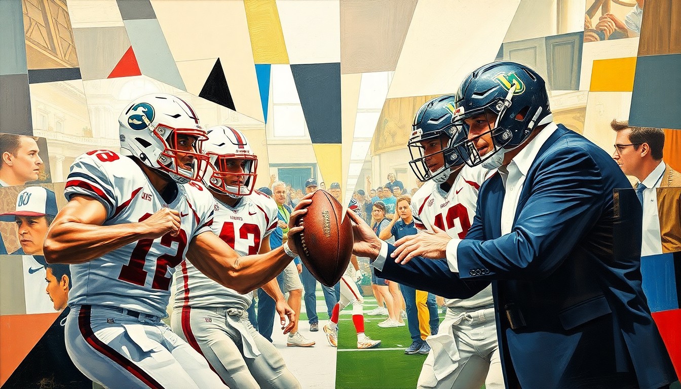 A fractured, geometric painting in the style of Pablo Picasso, depicting the dynamic battle for college football recruits between two rival programs as abstracted, angular figures in a high-energy composition.