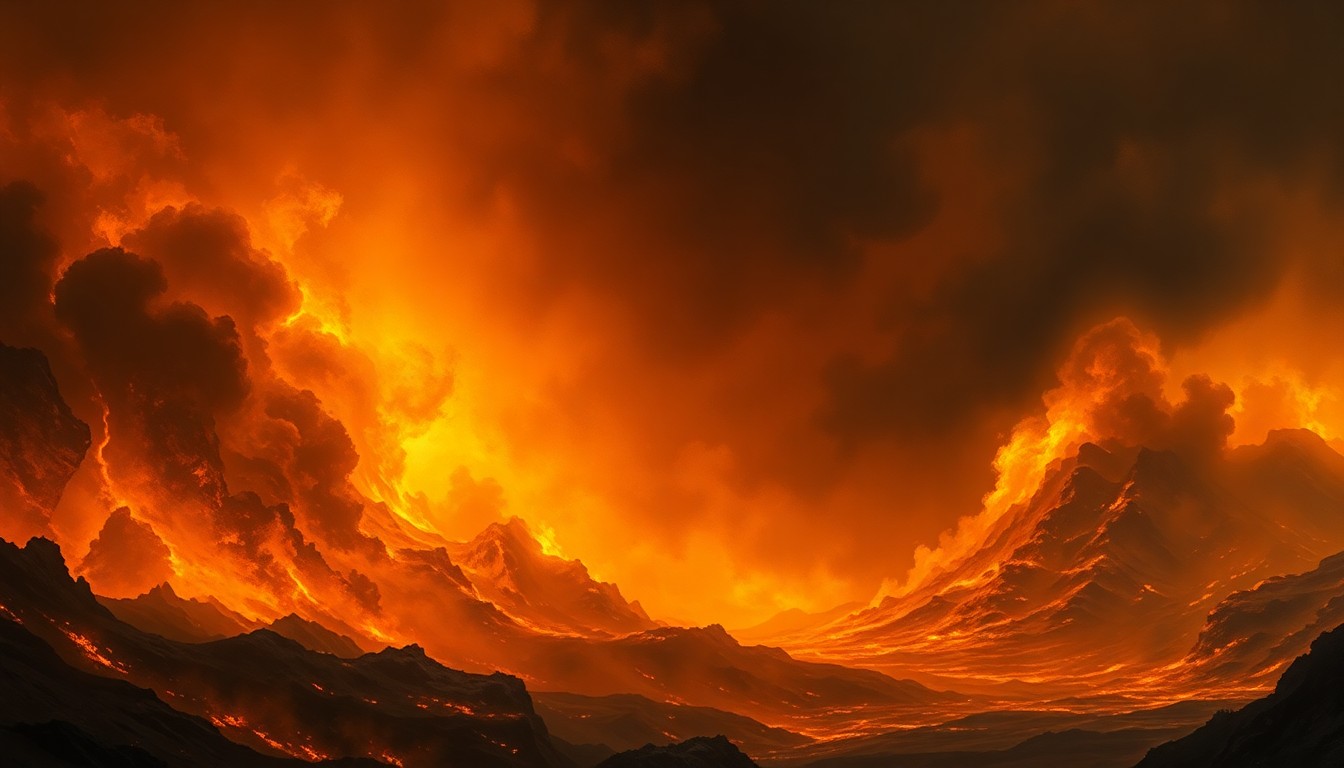 A sweeping, atmospheric landscape painting depicting a massive, swirling vortex of fire and smoke, with the flames and billowing clouds dwarfing any physical structures or human figures caught within the scene.