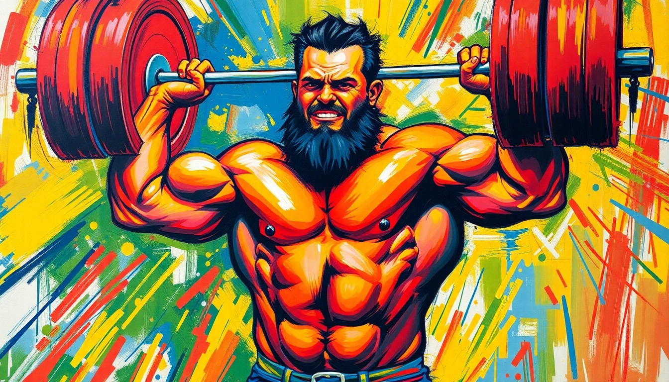An abstract, expressionist painting featuring bold, neon-colored brushstrokes that capture the dynamic movements and raw power of a super heavyweight powerlifter in action.