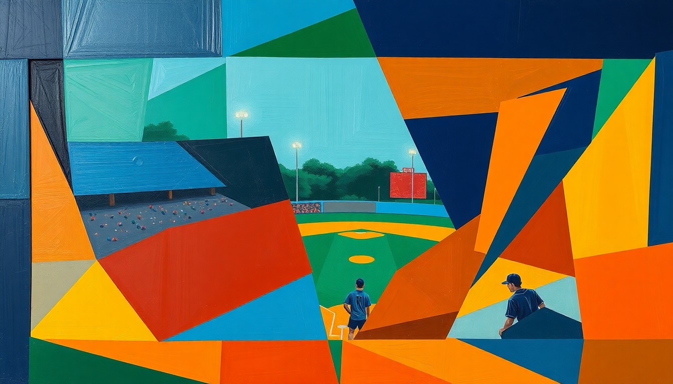 A fragmented, cubist-style painting depicting a high school baseball game, with players and the field broken down into sharp, overlapping geometric shapes in a bold color palette, conveying the fast-paced action and competitive spirit of the sport.
