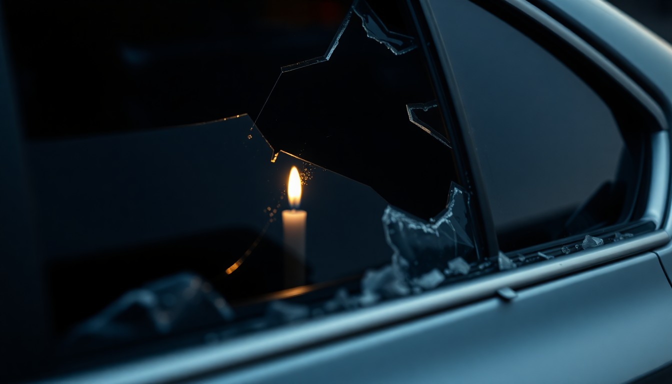 An extreme close-up photograph of a shattered car window reflecting the faint glow of a single candle flame, conceptually illustrating the somber mood and sense of loss felt by the community after a tragic accident.