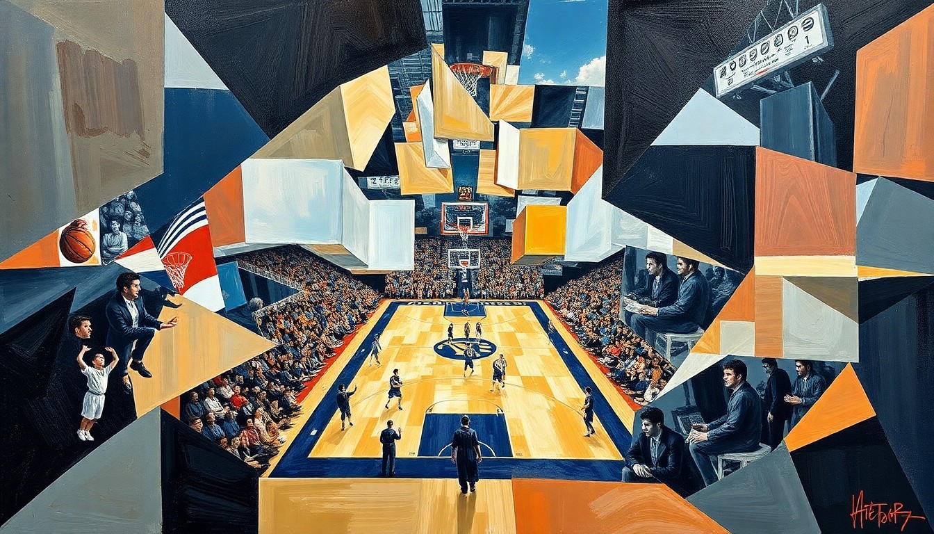 A fragmented, geometric painting depicting the chaotic energy and multiple perspectives of a college basketball game, conveying the coach's unwavering drive to win another championship.